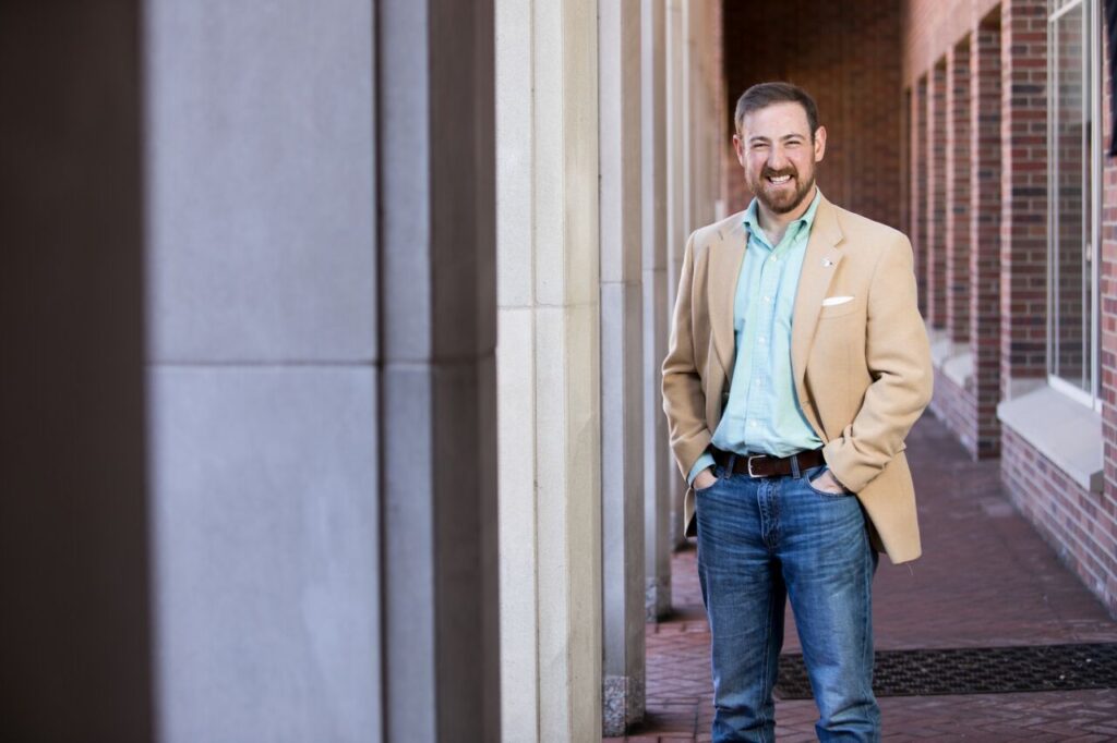 Alan Frosh posed on the DU campus for a portrait