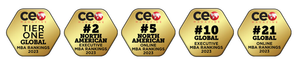 Five badges displaying MBA rankings