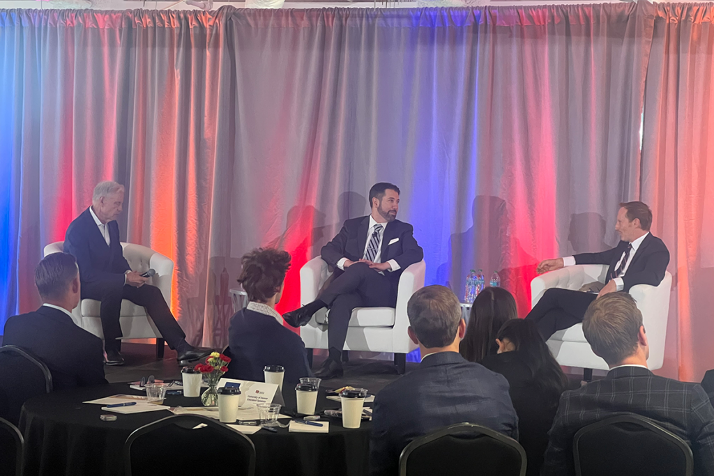 Rick Pederson (left), Harvard instructor Teo Nicolais (center) and UC Berkeley Institute for Transportation Studies Senior Fellow Egon Terplan (right) discuss the office vacancy crisis at Educated Opinions 2024.