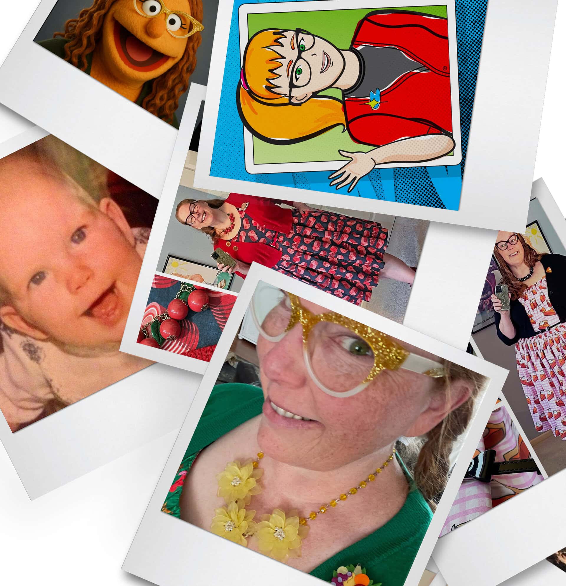 Polaroid photos of Brooke Goodell as a child, wearing a necklace, as a Muppet, in an animated headshot