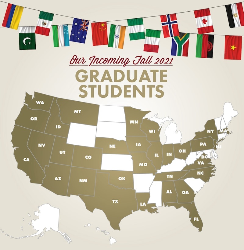 Infographic displaying U.S. map and international where graduate students are coming from