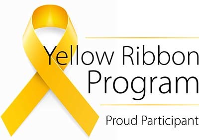 Yellow Ribbon Program promotional graphic representing veteran education benefits for eligible students at the Daniels College of Business, University of Denver, highlighting partnership with the GI Bill to cover tuition costs above standard benefits.
