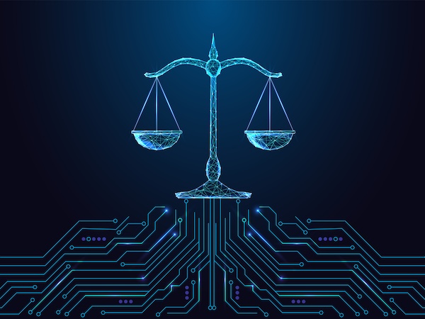 AI ethics, Legal technology and digital justice concept with glowing polygonal balance scale connected to circuit board on dark blue background. Futuristic low poly style, abstract vector illustration