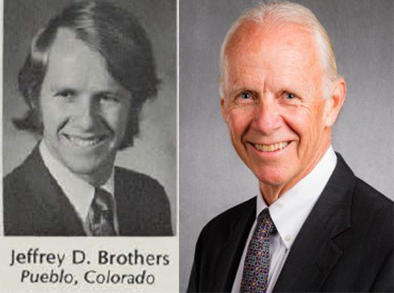 Jeffrey Brothers as a student in 1971 and as a professor.