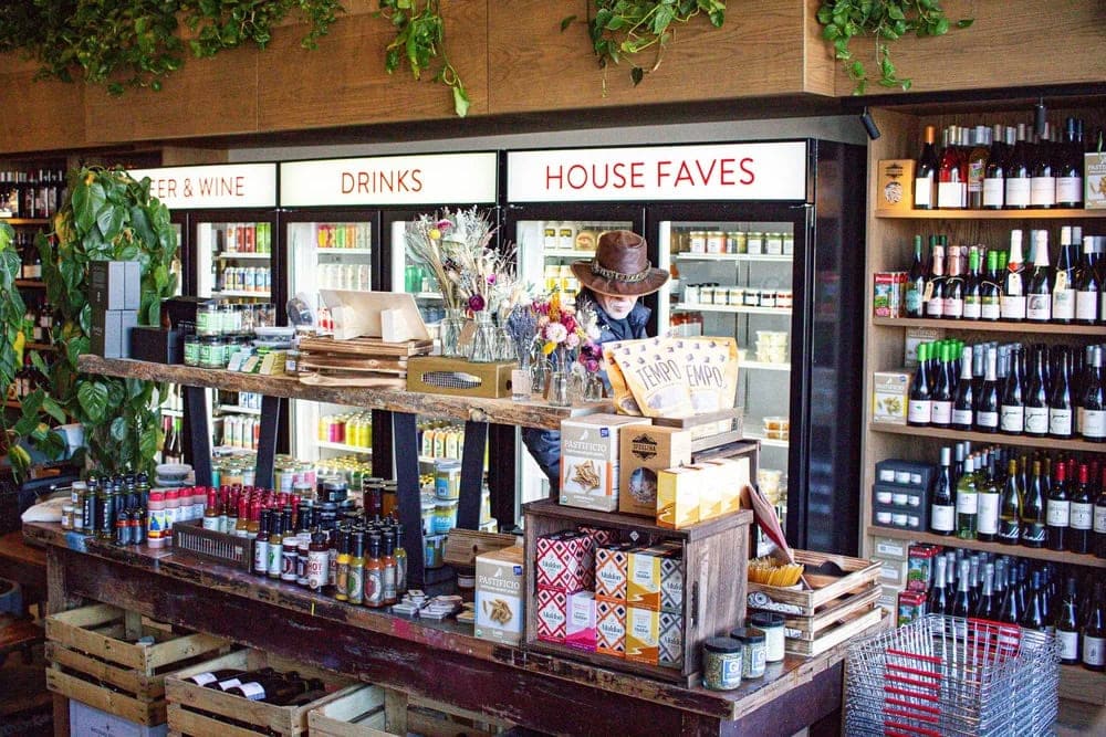 A store display with various food items
